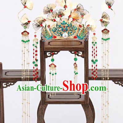 Traditional Chinese Wedding Ginkgo Leaf Phoenix Coronet Luxury Hair Accessories Ancient Bride Hairpins Complete Set for Women