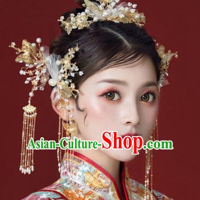 Traditional Chinese Wedding Hair Clips Hair Accessories Ancient Bride Tassel Hairpins Complete Set for Women