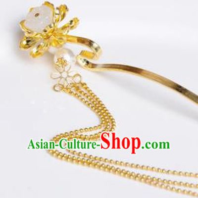 Traditional Chinese Ancient Hanfu Golden Tassel Lotus Hair Clip Court Queen Hairpins Handmade Hair Accessories for Women