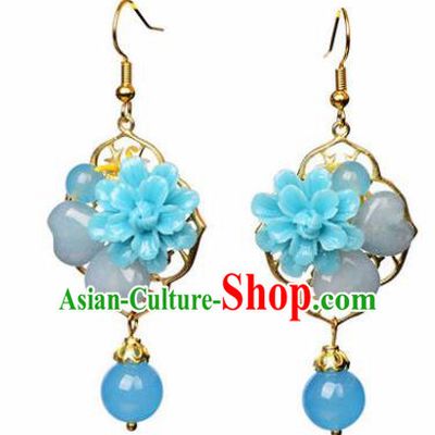 Traditional Chinese Classical Blue Flower Earrings Handmade Court Ear Accessories for Women