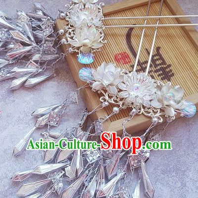 Traditional Chinese Hanfu White Lotus Tassel Hair Clip Ancient Court Queen Hairpins Handmade Hair Accessories for Women