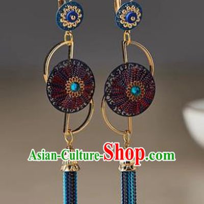 Traditional Chinese Handmade Court Ear Accessories Classical Blue Tassel Earrings for Women