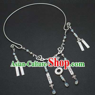 Traditional Chinese Handmade Court Blue Beads Necklace Jewelry Accessories Ancient Princess Necklet for Women