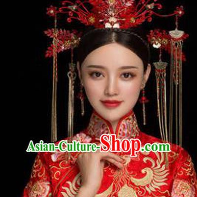 Traditional Chinese Handmade Wedding Red Phoenix Coronet Ancient Bride Hairpins Luxury Hair Accessories Complete Set