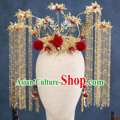 Traditional Chinese Wedding Golden Tassel Phoenix Coronet Handmade Ancient Bride Hairpins Hair Accessories Complete Set