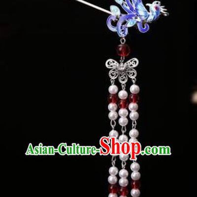 Traditional Chinese Hanfu Blue Phoenix Tassel Hair Clip Ancient Court Queen Hairpins Handmade Hair Accessories for Women