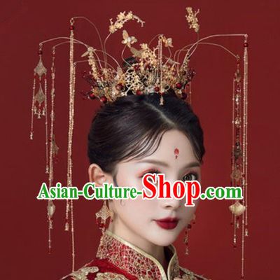 Traditional Chinese Wedding Golden Butterfly Phoenix Coronet Hair Accessories Ancient Bride Tassel Hairpins Complete Set for Women