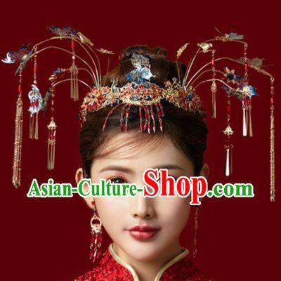 Traditional Chinese Ginkgo Wedding Blueing Hair Crown Hair Accessories Ancient Bride Tassel Hairpins Complete Set
