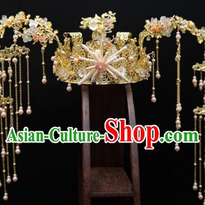 Traditional Chinese Wedding Conch Phoenix Coronet Hair Accessories Ancient Bride Tassel Hairpins Complete Set