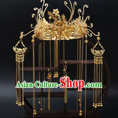 Traditional Chinese Wedding Luxury Golden Phoenix Coronet Hair Accessories Ancient Bride Hairpins Complete Set