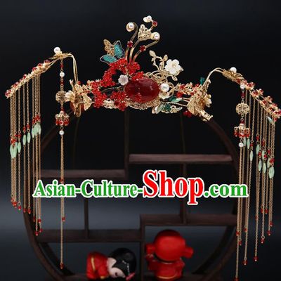Traditional Chinese Wedding Luxury Red Phoenix Coronet Hair Accessories Ancient Bride Hairpins Complete Set