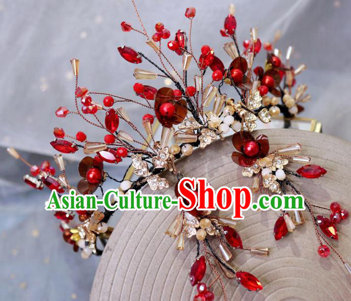 Handmade Baroque Princess Red Flowers Royal Crown Children Hair Clasp Hair Accessories for Kids