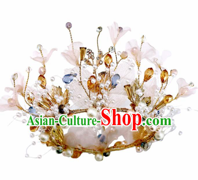 Handmade Baroque Princess Pink Silk Flowers Royal Crown Children Hair Clasp Hair Accessories for Kids
