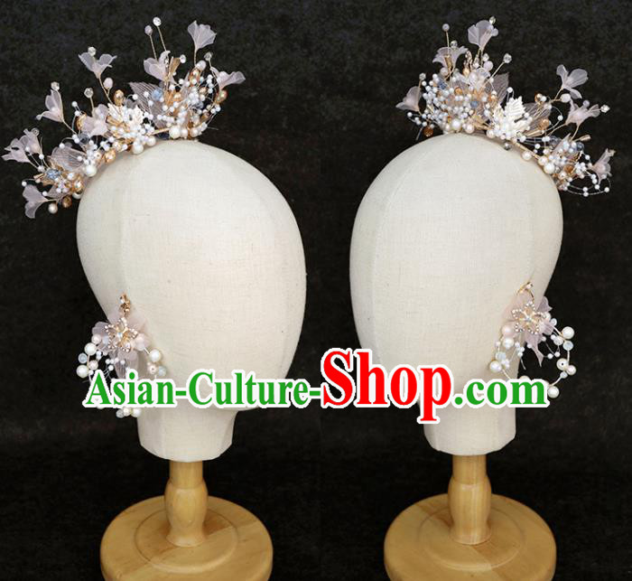 Handmade Baroque Princess Pink Silk Flowers Royal Crown Children Hair Clasp Hair Accessories for Kids
