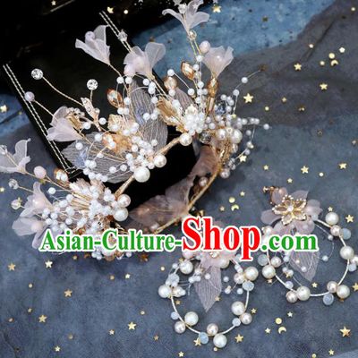 Handmade Baroque Princess Pink Silk Flowers Royal Crown Children Hair Clasp Hair Accessories for Kids