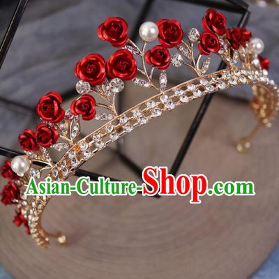 Handmade Baroque Princess Red Roses Royal Crown Children Hair Clasp Hair Accessories for Kids