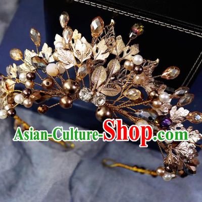 Handmade Baroque Princess Golden Leaf Royal Crown Children Hair Clasp Hair Accessories for Kids