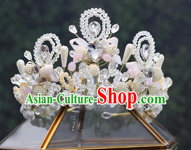Handmade Baroque Princess Pearls Pink Bowkont Royal Crown Children Hair Clasp Hair Accessories for Kids