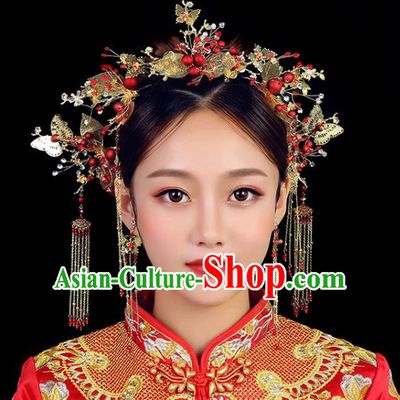 Traditional Chinese Wedding Golden Butterfly Phoenix Coronet Handmade Ancient Bride Hairpins Hair Accessories Complete Set