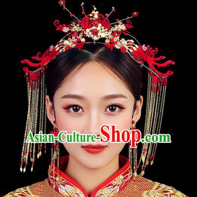 Traditional Chinese Wedding Handmade Red Phoenix Coronet Ancient Bride Hairpins Hair Accessories Complete Set