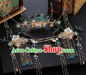 Traditional Chinese Wedding Handmade Blueing Birds Phoenix Coronet Ancient Bride Hairpins Hair Accessories Complete Set Traditional Chinese Wedding Handmade Blueing Birds Phoenix Coronet Ancient Bride Hairpins Hair Accessories Complete Set