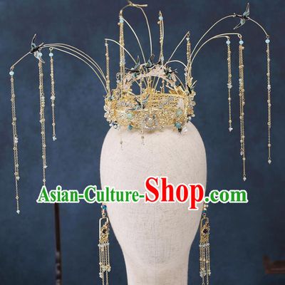 Traditional Chinese Wedding Handmade Tassel Phoenix Coronet Ancient Bride Hairpins Hair Accessories Complete Set