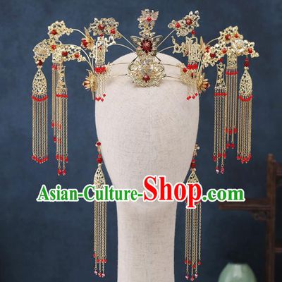 Traditional Chinese Wedding Handmade Golden Tassel Phoenix Coronet Ancient Bride Hairpins Hair Accessories Complete Set
