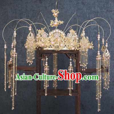 Traditional Chinese Wedding Handmade Pink Pearls Phoenix Coronet Ancient Bride Hairpins Hair Accessories Complete Set