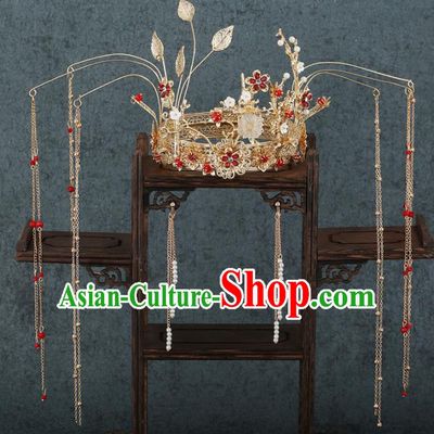 Traditional Chinese Wedding Handmade Golden Leaf Phoenix Coronet Ancient Bride Hairpins Hair Accessories Complete Set