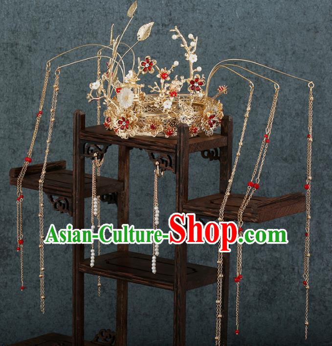 Traditional Chinese Wedding Handmade Golden Leaf Phoenix Coronet Ancient Bride Hairpins Hair Accessories Complete Set Traditional Chinese Wedding Handmade Golden Leaf Phoenix Coronet Ancient Bride Hairpins Hair Accessories Complete Set