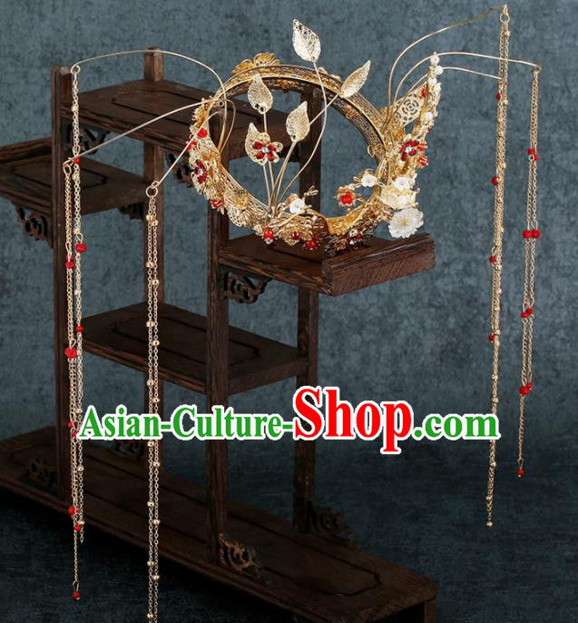 Traditional Chinese Wedding Handmade Golden Leaf Phoenix Coronet Ancient Bride Hairpins Hair Accessories Complete Set Traditional Chinese Wedding Handmade Golden Leaf Phoenix Coronet Ancient Bride Hairpins Hair Accessories Complete Set