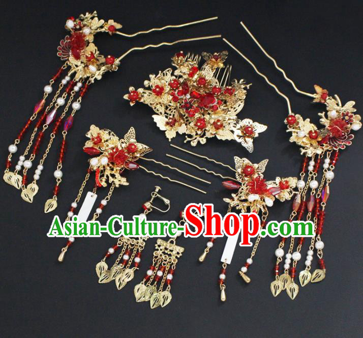 Traditional Chinese Wedding Handmade Red Crystal Hair Comb Ancient Bride Hairpins Hair Accessories Complete Set Traditional Chinese Wedding Handmade Red Crystal Hair Comb Ancient Bride Hairpins Hair Accessories Complete Set