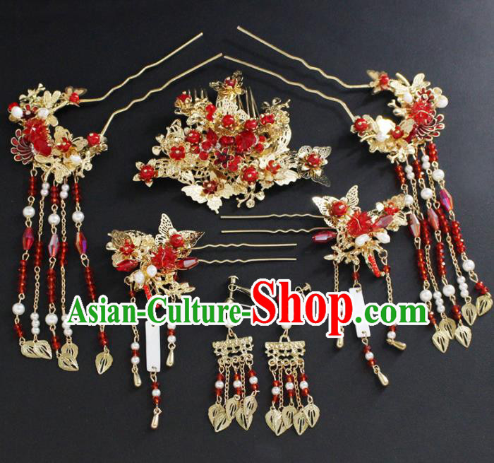 Traditional Chinese Wedding Handmade Red Crystal Hair Comb Ancient Bride Hairpins Hair Accessories Complete Set Traditional Chinese Wedding Handmade Red Crystal Hair Comb Ancient Bride Hairpins Hair Accessories Complete Set