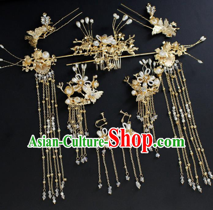 Traditional Chinese Wedding Handmade Golden Hair Comb Ancient Bride Hairpins Hair Accessories Complete Set Traditional Chinese Wedding Handmade Golden Hair Comb Ancient Bride Hairpins Hair Accessories Complete Set