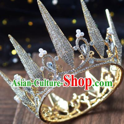 Handmade Baroque Princess Zircon Round Royal Crown Bride Wedding Hair Accessories for Women