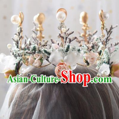 Handmade Baroque Princess Silk Flowers Round Royal Crown Bride Wedding Hair Accessories for Women