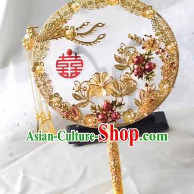 Traditional Chinese Handmade Wedding Golden Phoenix Round Fans Ancient Bride Palace Fan for Women