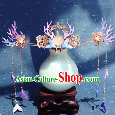 Traditional Chinese Hanfu Purple Antler Hair Crown Ancient Court Princess Hairpins Hair Accessories for Kids