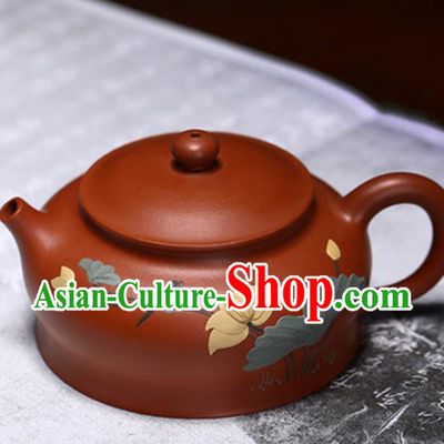 Traditional Chinese Handmade Painting Lotus Zisha Teapot Dark Red Clay Pottery Teapot