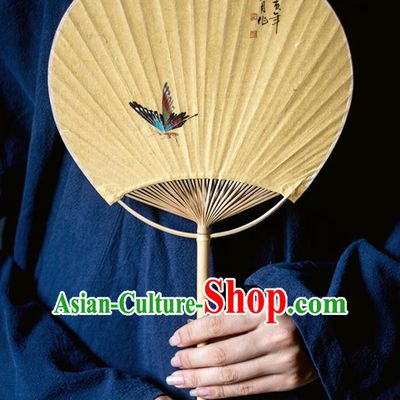 Traditional Chinese Handmade Yellow Paper Palace Fans Ink Painting Butterfly Fans