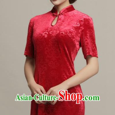 Chinese Traditional Classical Red Velvet Cheongsam National Tang Suit Qipao Dress for Women