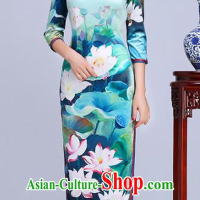 Chinese Traditional Classical Printing Lotus Green Cheongsam National Tang Suit Qipao Dress for Women