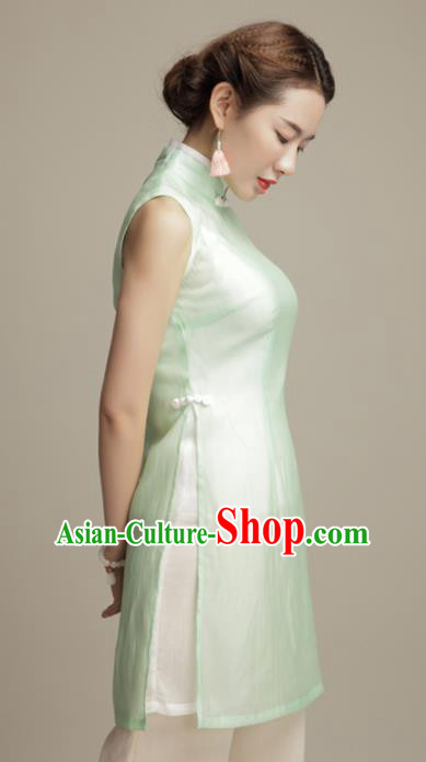 Chinese Traditional Tang Suit Green Silk Blouse Classical National Shirt Upper Outer Garment for Women