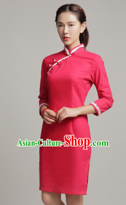 Chinese Traditional Classical Rosy Short Cheongsam National Tang Suit Qipao Dress for Women Chinese Traditional Classical Rosy Short Cheongsam National Tang Suit Qipao Dress for Women