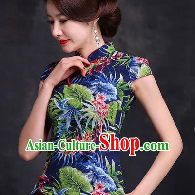 Chinese Traditional Tang Suit Printing Blue Blouse Classical National Shirt Upper Outer Garment for Women