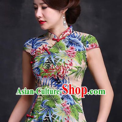 Chinese Traditional Tang Suit Printing Beige Blouse Classical National Shirt Upper Outer Garment for Women