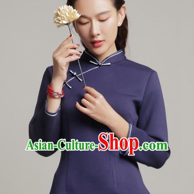 Chinese Traditional Tang Suit Navy Blouse Classical National Shirt Upper Outer Garment for Women