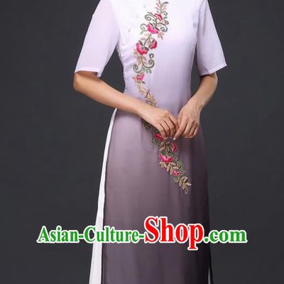 Traditional Chinese Classical Dance Grey Cheongsam National Costume Tang Suit Qipao Dress for Women