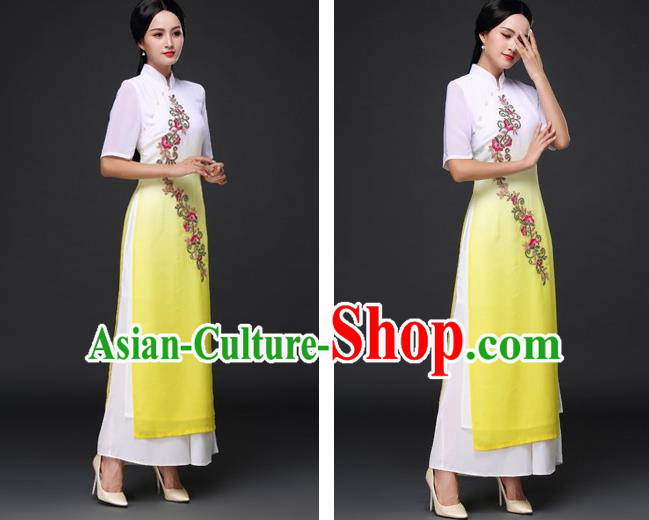 Traditional Chinese Classical Dance Yellow Cheongsam National Costume Tang Suit Qipao Dress for Women Traditional Chinese Classical Dance Yellow Cheongsam National Costume Tang Suit Qipao Dress for Women