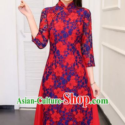 Traditional Chinese Classical Dance Red Cheongsam National Costume Tang Suit Qipao Dress for Women